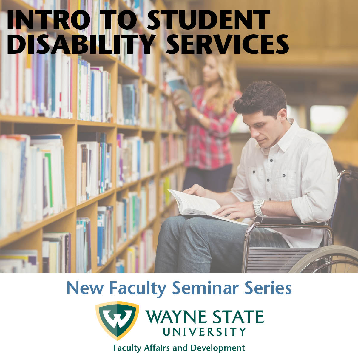 students looking for books in the library, one standing, the other in a wheelchair