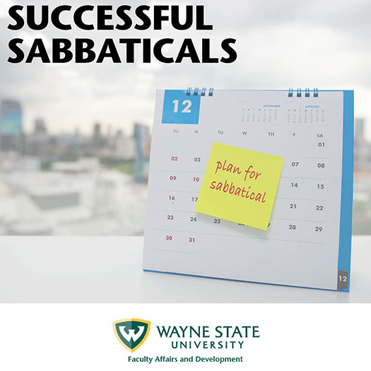 a calendar sits on a desk by a window, with a bright yellow sticky note reminder to plan for sabbatical